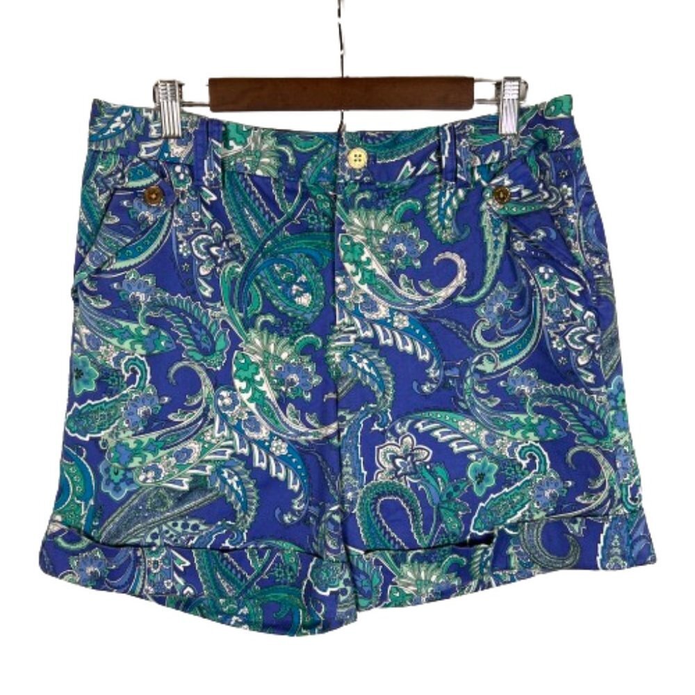 Lauren Ralph Lauren Womens Paisley High Rise Cuffed Shorts Size 10 Blue Green